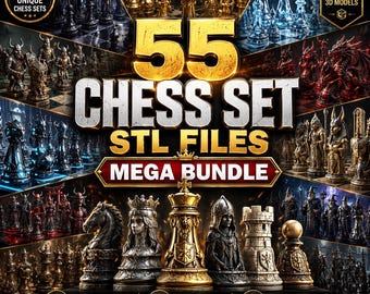 Peut inclure: Publicité pour un téléchargement numérique de 55 fichiers STL de jeux d'échecs uniques. L'image présente diverses pièces d'échecs de différents styles, dont des modèles dorés, argentés et transparents. Le texte comprend "55 Chess Set STL Files Mega Bundle."