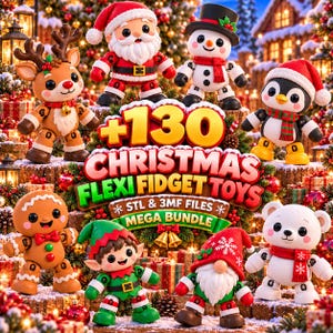 Puede incluir: Una colección digital de 130 juguetes fidget flexibles de Navidad con diseños de personajes en 3D que incluyen a Santa Claus, un muñeco de nieve, un reno, un pingüino, un hombre de jengibre, un elfo, un gnomo y un oso polar con texto STL y 3MF.