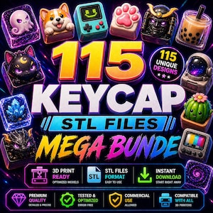 May include: A vibrant image showcasing a collection of 3D-printed keycaps with various designs, including a corgi, a cat, and a gaming console. The text reads "115 KEYCAP STL FILES MEGA BUNDLE". The image also highlights features like "3D Print Ready" and "Instant Download".