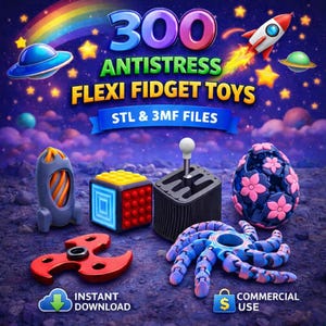 May include: A promotional image showcasing a collection of 3D-printed flexi fidget toys. The image includes a red spinner, a blue octopus, a gear shift, and a flower-patterned egg. Text reads "300 Antistress Flexi Fidget Toys" and "STL & 3MF Files."