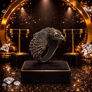 Peut inclure: Une bague argent&eacute;e d&eacute;taill&eacute;e en forme de t&ecirc;te d'oiseau, pr&eacute;sent&eacute;e sur un pr&eacute;sentoir en velours noir. La bague pr&eacute;sente des d&eacute;tails de plumes complexes et un bec pro&eacute;minent. L'arri&egrave;re-plan comprend des accents dor&eacute;s et des embellissements scintillants en forme de diamants.