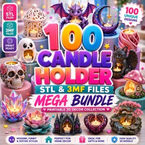 Puede incluir: Una colección de candelabros únicos en varios diseños, incluyendo una calavera, un dragón, un gato y una seta. La imagen incluye el texto "100 CANDLE HOLDER STL & 3MF FILES MEGA BUNDLE".