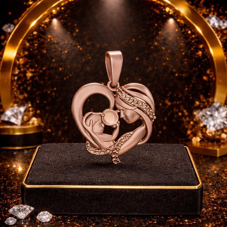Peut inclure: Pendentif en or rose repr&eacute;sentant une m&egrave;re et son enfant dans un c&oelig;ur. Le pendentif est orn&eacute; de petits diamants scintillants et est suspendu &agrave; une b&eacute;li&egrave;re assortie. Le design est pr&eacute;sent&eacute; sur une surface en velours noir.