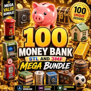 Könnte beinhalten: Werbebild für ein Mega-Paket von Geldautomaten. Es zeigt ein rosa Sparschwein, einen Tresor, eine Schatztruhe und einen roten Briefkasten. Der Text lautet "100 MONEY BANK" und "MEGA BUNDLE". Goldmünzen und -barren sind ebenfalls vorhanden.