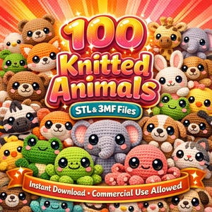 May include: A colourful image displaying 100 knitted animal designs. The image features various crochet animals, including bears, elephants, frogs, and octopuses. Text on the image reads "100 Knitted Animals" and "Instant Download • Commercial Use Allowed."
