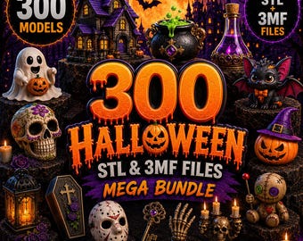 Peut inclure: Une collection numérique de 300 modèles 3D sur le thème d'Halloween incluant une maison hantée, un fantôme, un crâne, un chaudron, une chauve-souris, une citrouille, un cercueil, un masque de hockey, une clé, une main squelettique et un bougeoir.