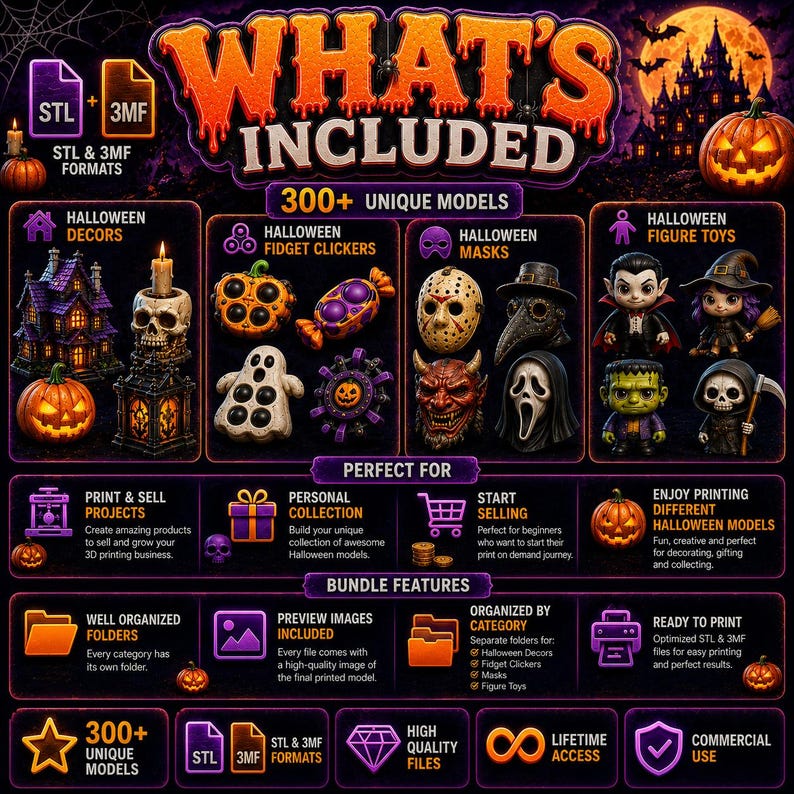 300 Halloween STL & 3MF Files Bundle | Decors, Clickers, Scary Masks, Figure Toys Hollaween 3D Printing Models | commercial use stl image 2