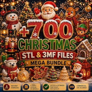 Può includere: Una grafica digitale con il testo 700 CHRISTMAS STL & 3MF FILES MEGA BUNDLE circondato da personaggi 3D festivi tra cui Babbo Natale, un pupazzo di neve, una renna, un elfo, uno schiaccianoci e un orso polare, con decorazioni e luci.