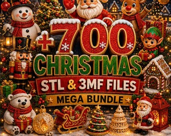 May include: A digital graphic featuring 700 CHRISTMAS STL & 3MF FILES MEGA BUNDLE text surrounded by festive 3D characters including Santa, a snowman, a reindeer, an elf, a nutcracker, and a polar bear, with holiday decorations and lights.