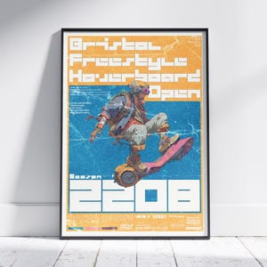May include: Poster featuring a futuristic hoverboarder in mid-air, set against a blue and orange background. The poster promotes the "Cristal Freestyle Hoverboard Open" with the year "2208" prominently displayed. The poster is framed in black and leans against a white wall.