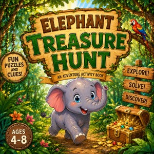 Op de afbeelding: Kleurrijke illustratie van een "Elephant Treasure Hunt" avonturenactiviteitenboek. De cover toont een cartoon olifant, een schatkist en de tekst "Fun Puzzles and Clues!" en "Explore! Solve! Discover!". Het boek is voor kinderen van 4-8 jaar.