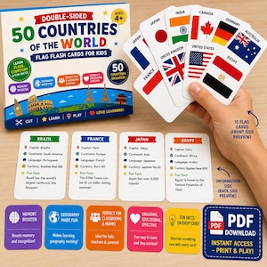 Pode incluir: Um conjunto de 50 cartões educativos de dupla face com bandeiras do mundo e factos sobre países. A caixa apresenta o texto 50 Countries of the World. Estão incluídos cartões com bandeiras do Japão, Índia, Canadá, Alemanha, Austrália, França, Reino Unido, Estados Unidos e Egito, além de cartões informativos para o Brasil, França, Japão e Egito.