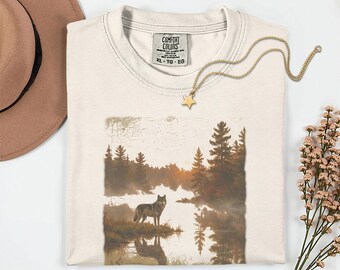 Comfort Colors®, Retro Meme Tee, 2000s Wolf Gift, Retro Wolves Howling Moon Tee, Nostalgia Nature Animal Print, Nature Galaxy Y2k Streetwear