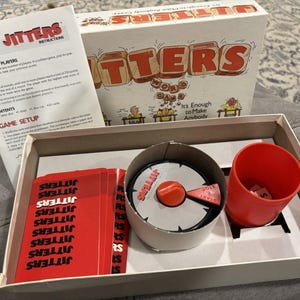 Vintage Jitters Word Game 1986 Milton Bradley Timer Cards Dice Cup Complete Fun