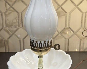 Milk Glass Bowl Brass Lamp Spiral Swirl Pattern Melon Milk Glass Chimney Works