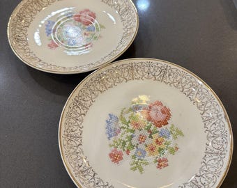 2 Saucers Homer Laughlin Eggshell Nautilus ivory Cross Stitch Flowers China USA