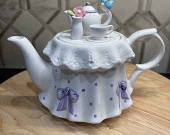 Vintage Teleflora Teapot Tea Party Lid White and Lavender With Bows Ruffled Bird