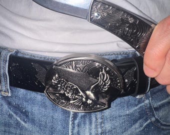Cinturón y hebilla de cuero estilo western con navaja oculta - Hecho a medida