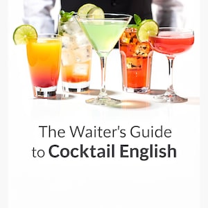 May include: An image showcasing a variety of colorful cocktails, each garnished with citrus and mint. The drinks are arranged in different glasses, including a martini glass and highball glasses. The text "The Waiter's Guide to Cocktail English" is displayed below.