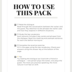 以下が含まれることがあります： 太字の黒い文字で「HOW TO USE THIS PACK」というタイトルが付いた白いページ。このページでは、ダイアログの読み方、語彙の学習、演習の実施など、学習パックの使用方法について説明しています。ヒントも含まれています。