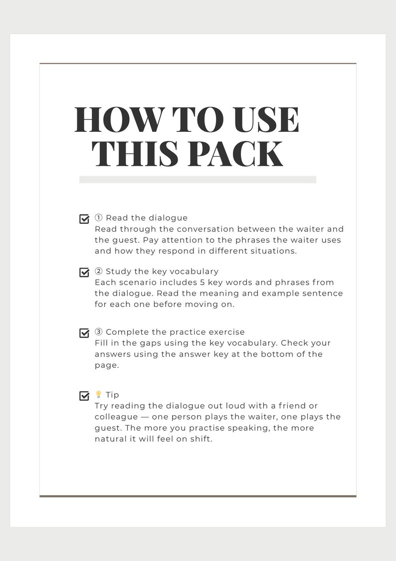 以下が含まれることがあります： 太字の黒い文字で「HOW TO USE THIS PACK」というタイトルが付いた白いページ。このページでは、ダイアログの読み方、語彙の学習、演習の実施など、学習パックの使用方法について説明しています。ヒントも含まれています。