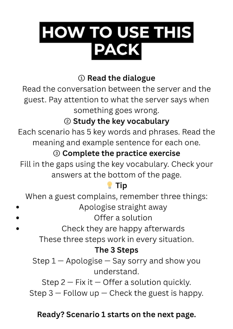 Waiter's Complaint Handling Script Pack | 8 Restaurant English Scenarios | ESL Server Training image 2