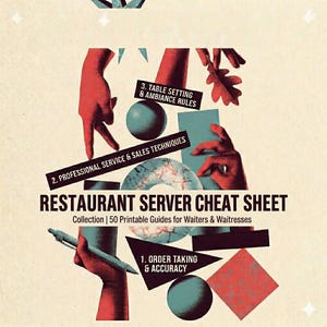 Op de afbeelding: Een vintage-stijl afbeelding met de tekst "RESTAURANT SERVER CHEAT SHEET" en de subtekst "Collection | 50 Printable Guides for Waiters & Waitresses." Het ontwerp bevat gestileerde handen, geometrische vormen en tekstvakken met zinnen zoals "Order Taking & Accuracy."