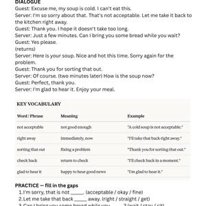 May include: A white page with the title "SCENARIO 1 - COLD FOOD" in bold black text. The page contains a dialogue between a guest and a server, key vocabulary, and fill-in-the-gap practice exercises related to the dialogue.