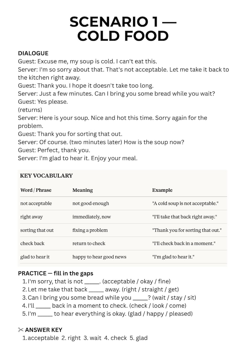 May include: A white page with the title "SCENARIO 1 - COLD FOOD" in bold black text. The page contains a dialogue between a guest and a server, key vocabulary, and fill-in-the-gap practice exercises related to the dialogue.