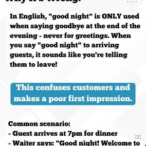 K&ouml;nnte beinhalten: Informative Grafik, die die falsche Verwendung von "Gute Nacht" bei der Begr&uuml;&szlig;ung von G&auml;sten erkl&auml;rt. Der Text hebt die negativen Auswirkungen auf die Kundenwahrnehmung hervor, am Beispiel eines Restaurants.
