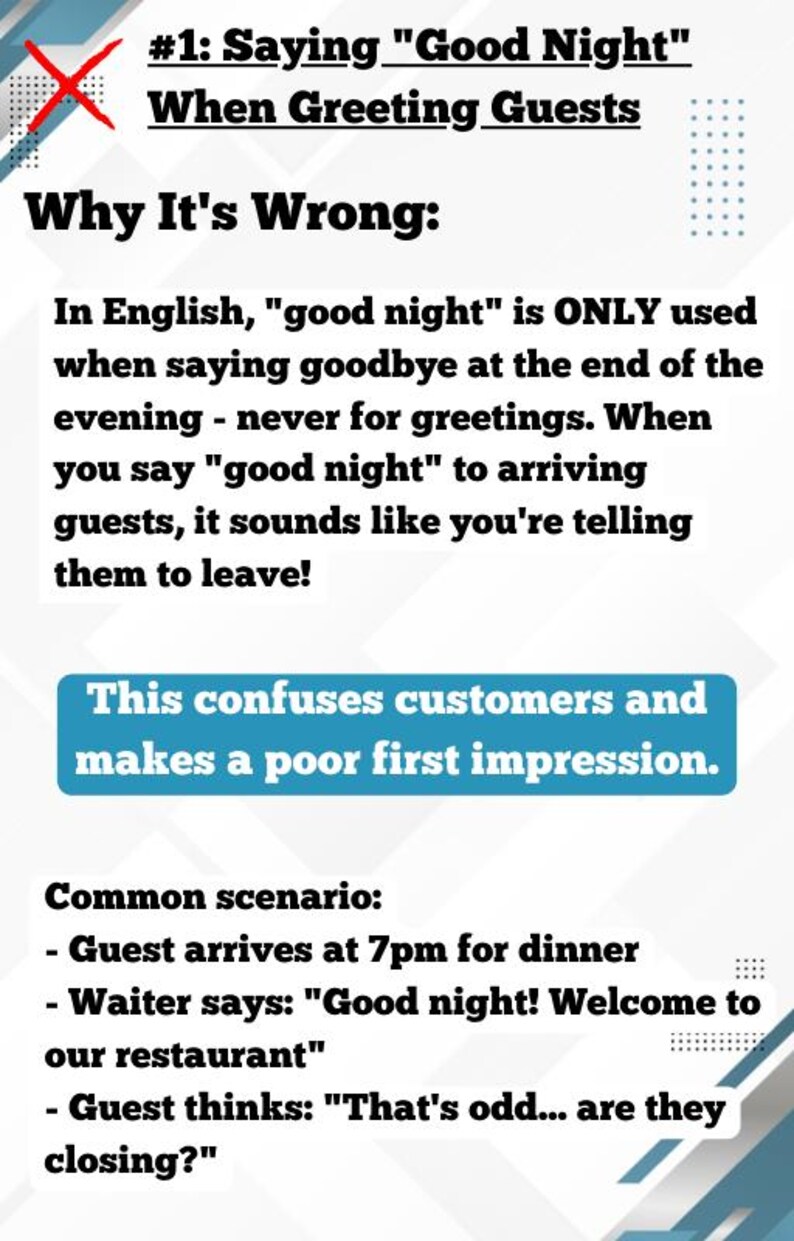 K&ouml;nnte beinhalten: Informative Grafik, die die falsche Verwendung von "Gute Nacht" bei der Begr&uuml;&szlig;ung von G&auml;sten erkl&auml;rt. Der Text hebt die negativen Auswirkungen auf die Kundenwahrnehmung hervor, am Beispiel eines Restaurants.