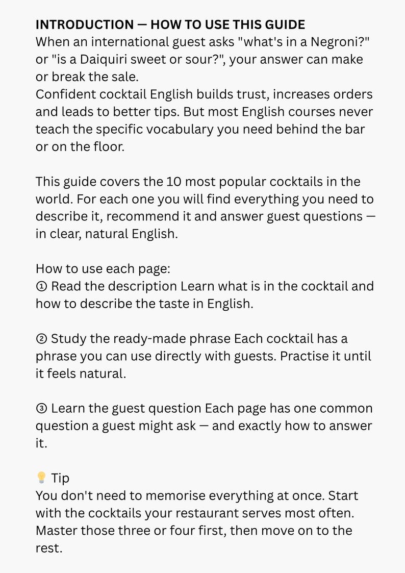 May include: A white page with black text titled "INTRODUCTION - HOW TO USE THIS GUIDE." The guide provides instructions on describing cocktails in English, covering vocabulary, phrases, and guest questions. It covers 10 popular cocktails.