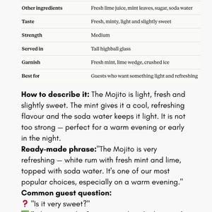 May include: A white background with the word "MOJITO" at the top. The image is a recipe card with ingredients like white rum, fresh lime juice, mint leaves, and sugar. It also includes a description of the drink's taste and strength.