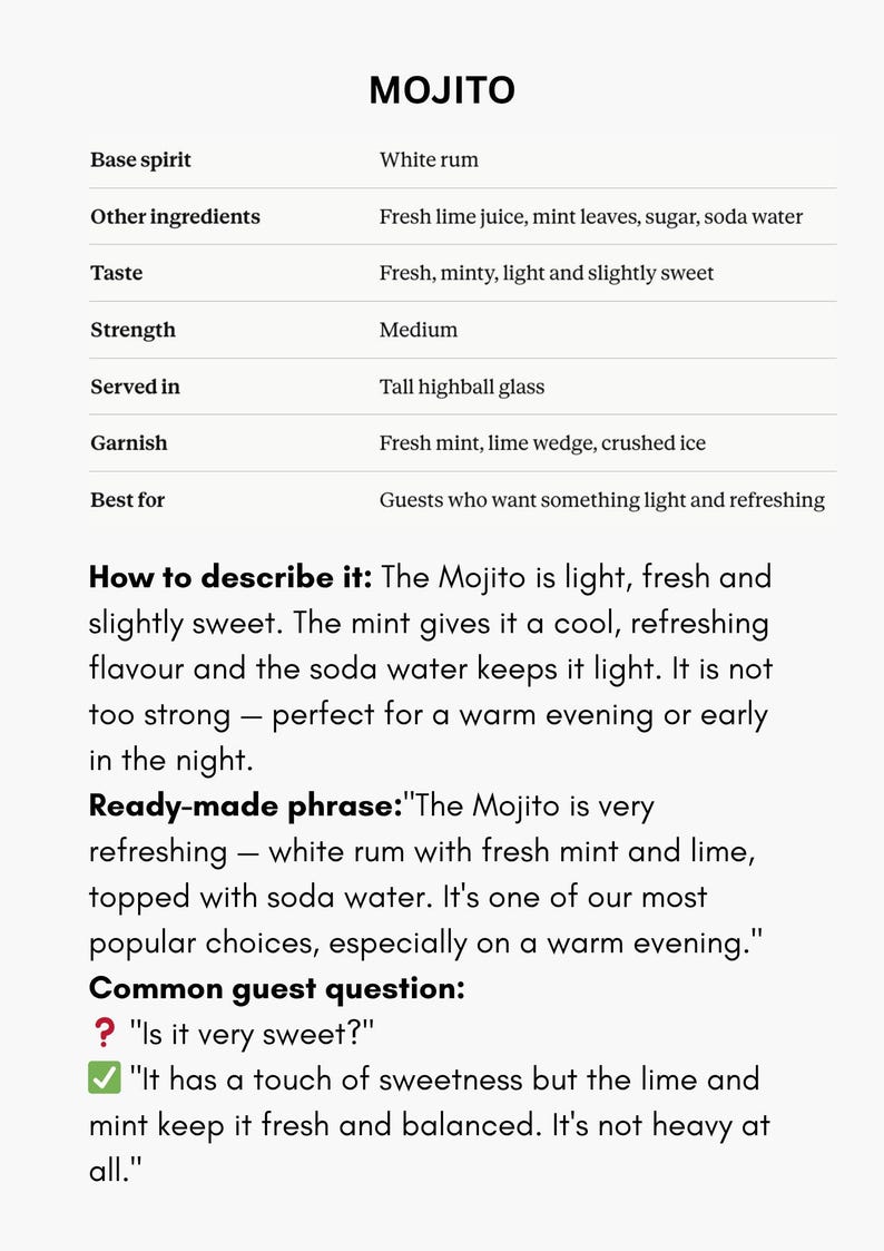 May include: A white background with the word "MOJITO" at the top. The image is a recipe card with ingredients like white rum, fresh lime juice, mint leaves, and sugar. It also includes a description of the drink's taste and strength.