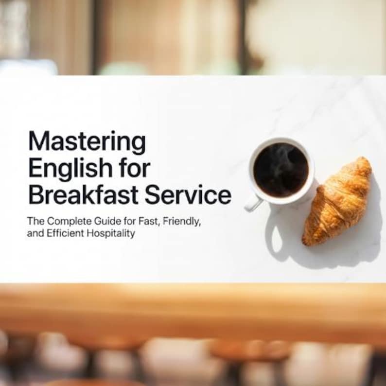 May include: A white background features a cup of coffee and a croissant. The text reads "Mastering English for Breakfast Service" and "The Complete Guide for Fast, Friendly, and Efficient Hospitality."