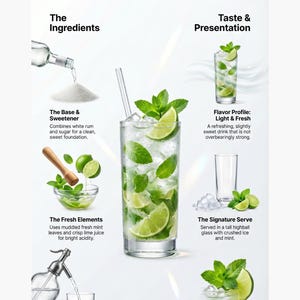 May include: Infographic detailing the anatomy of a mojito, a refreshing classic cocktail. It shows the ingredients: white rum, sugar, fresh mint, lime juice, soda water, and ice. The text reads "Anatomy of a Mojito: The Refreshing Classic."