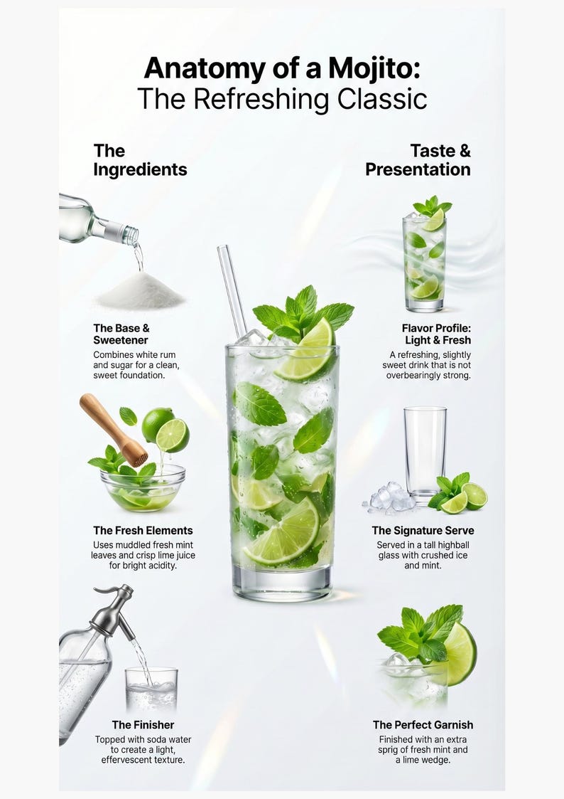 May include: Infographic detailing the anatomy of a mojito, a refreshing classic cocktail. It shows the ingredients: white rum, sugar, fresh mint, lime juice, soda water, and ice. The text reads "Anatomy of a Mojito: The Refreshing Classic."