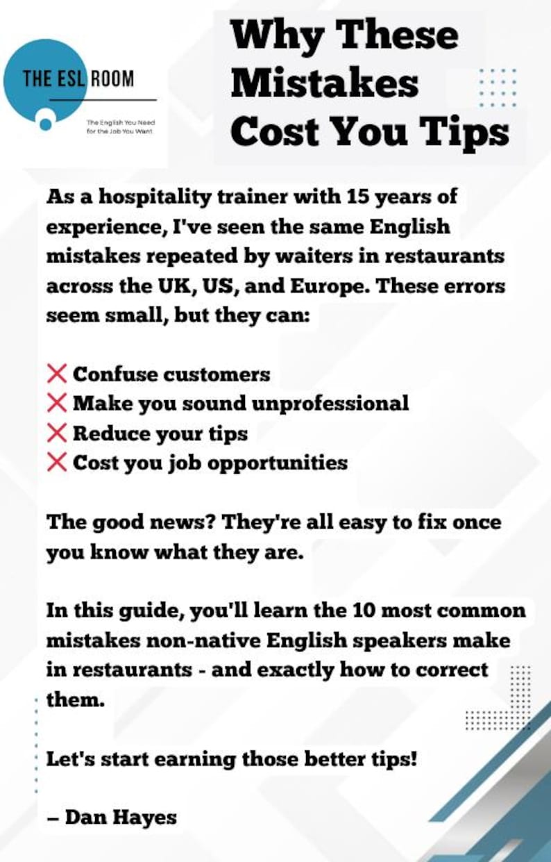K&ouml;nnte beinhalten: Werbegrafik f&uuml;r "The ESL Room" mit dem Titel "Why These Mistakes Cost You Tips". Der Text erkl&auml;rt h&auml;ufige englische Fehler von Kellnern in Restaurants und wie man sie behebt. Das Logo ist ein blauer Kreis mit wei&szlig;em Text.