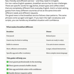 May include: A white informational guide titled "INTRODUCTION - WHY BREAKFAST SERVICE IS DIFFERENT". The guide explains the differences between breakfast and dinner service, and offers tips for handling breakfast service.