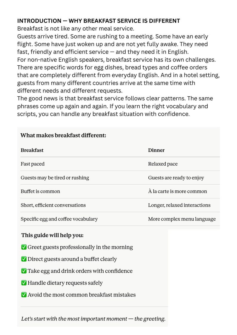 May include: A white informational guide titled "INTRODUCTION - WHY BREAKFAST SERVICE IS DIFFERENT". The guide explains the differences between breakfast and dinner service, and offers tips for handling breakfast service.