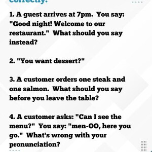 K&ouml;nnte beinhalten: Wei&szlig;er Hintergrund mit dem Wort &bdquo;Practice&ldquo; in Schwarz oben. Darunter steht der Text &bdquo;Rewrite these sentences correctly:&ldquo; in Blau. Das Bild zeigt f&uuml;nf Fragen zum Restaurantservice, jeweils gefolgt von einem Szenario und einer Frage.
