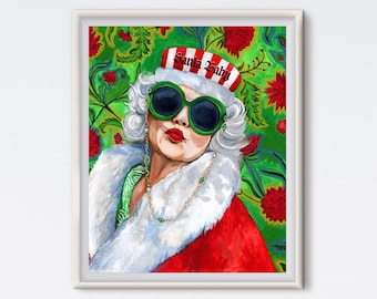 Mrs. Claus Art Print: Santa Baby Maximalist Christmas Painted Portrait