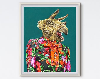 Triceratops - Dinosaur Art - Fashion Print - Fashion Art - Green - Fashion Artwork - Dinosaur Print - Floral Print - Animal Art