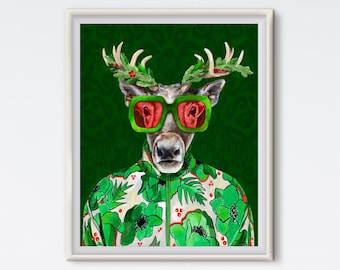Green Glam Reindeer Art Print: Maximalist Christmas Painted Portrait