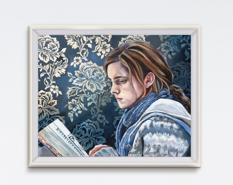 May include: A painting of a woman with brown hair reading a book. She is wearing a blue and white sweater and is sitting in front of a blue and white floral patterned background.