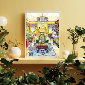 May include: A framed watercolor painting of a living room interior with a patterned rug, a green armchair, and a possum sitting on the chair. The room is decorated in a colorful and eclectic style.
