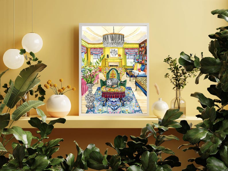 May include: A framed watercolor painting of a living room interior with a patterned rug, a green armchair, and a possum sitting on the chair. The room is decorated in a colorful and eclectic style.
