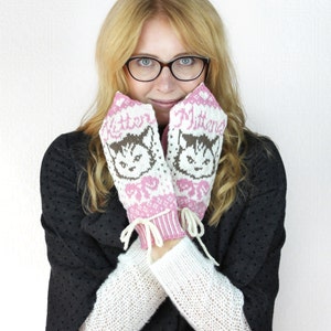 Kitten Mittens Knitting Pattern: Pink & White Fair Isle (PDF Pattern)