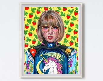 Strawberry Unicorn - Acrylic Painting - Portrait - Art Print - Maximalist - Swiftie Gift - Music Art - Taylor - Pop Culture Art