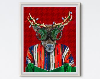 Red Glam Reindeer Art Print: Maximalist Christmas Painted Portrait